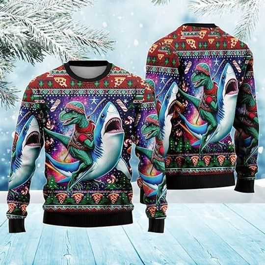 Dinosaur Riding Shark Christmas Ugly Sweater, Dinosaur Sweater, Christmas Sweatshirt, Ugly Sweater, Xmas Sweatshirt, Gift Man/ Women/Kid