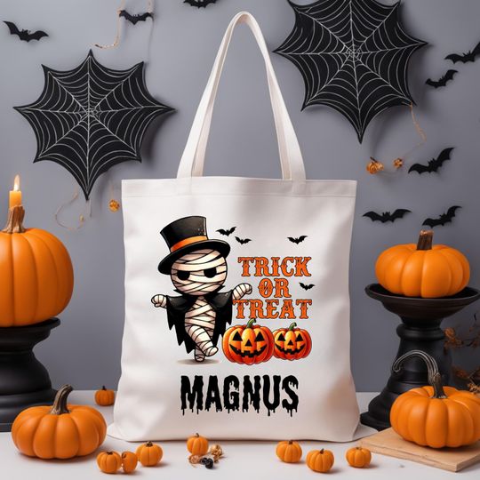 Personalized Trick or Treat Tote Bag, Custom Halloween Pumpkin Tote Bag, Kids Halloween Mummy Tote Bag, Candy Tote Bags, Spooky Season