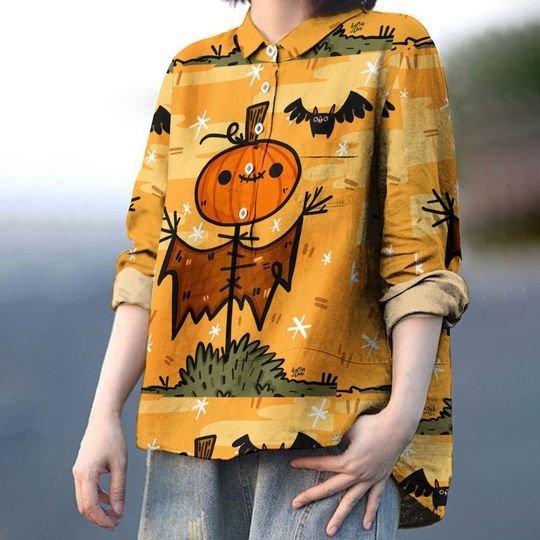 Halloween Elements Pumpkin Print Women's Print Casual Cotton And Linen Shirt Collar Design With Buttons Y2K Style Hot Selling