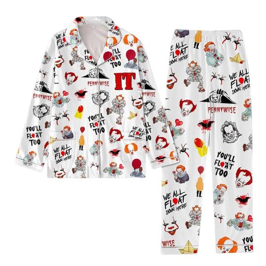 Halloween Pennywise Pajama Set, Pennywise You'll Float Too Shirt Pants Set, Horror Character Sleepwear, Spooky It Movie Thick Pajamas