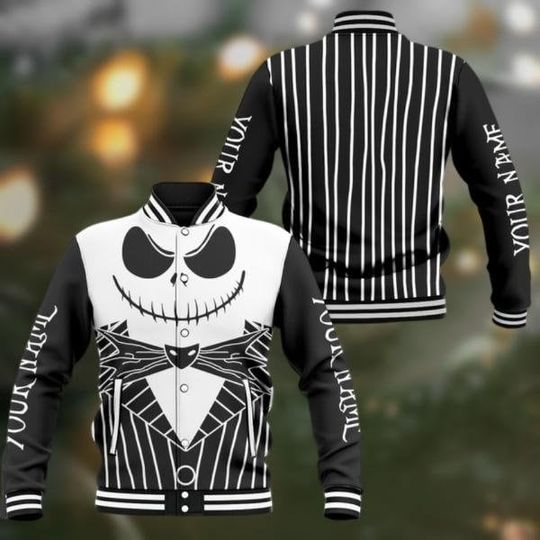 Personalized Jack Skellington Jacket, Skellington Cosplay Shirt, Nightmare Before Christmas Baseball Jacket, Horror Character Jacket