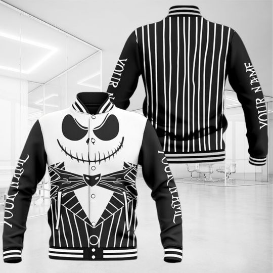 Halloween Jack Skellington Baseball Jacket, Personalized Skellington Cosplay Shirt, Nightmare Before Christmas Jacket, Holiday Gift