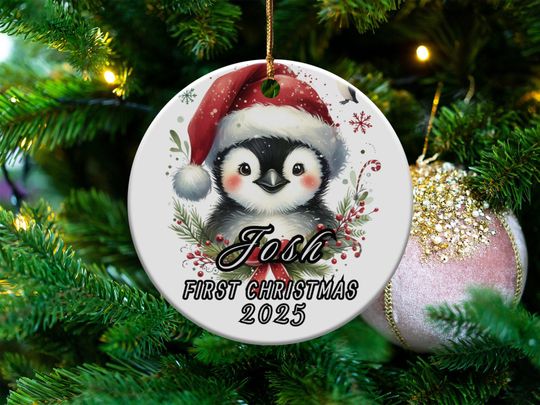 Baby's First Christmas Ornament 2025, Personalized Penguin Ornament, Custom Name Christmas Tree Decoration, Cute Holiday Keepsake Gift