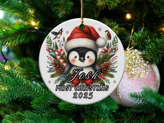 Personalized Penguin Christmas Ornament, Baby's First Christmas, 2025 Holiday Decor, Cute Animal Design, Custom Name Ornament
