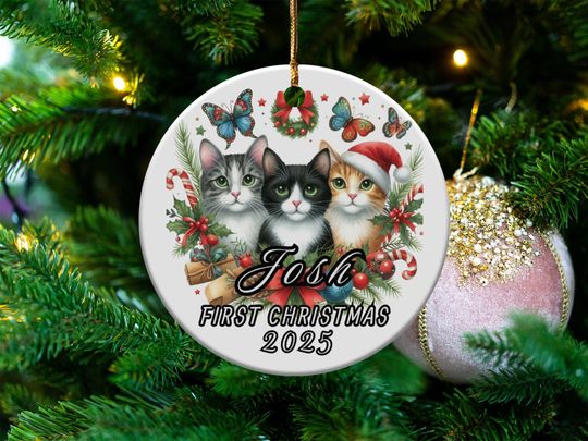 Personalized Cat Christmas Ornament with Name, First Christmas 2025 Keepsake, Cute Cat Holiday Decoration, Unique Gift for Cat Lovers