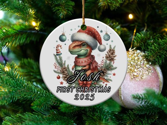 Personalized Baby's First Christmas Ornament 2025, Dinosaur Newborn Holiday Keepsake, Custom Name Xmas Tree Decoration