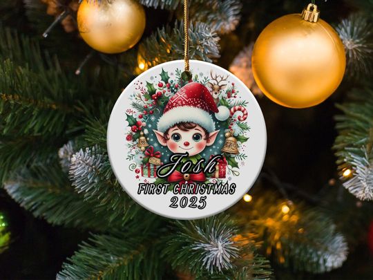 Personalized First Christmas Ornament, 2025 Baby First Christmas Decoration, Custom Holiday Keepsake, Cute Elf Ornament, Personalized Gift