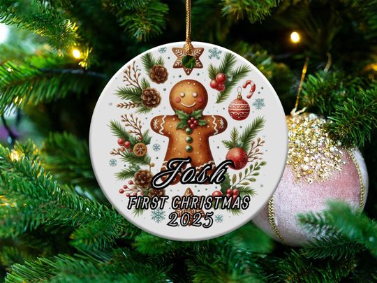 Personalized Gingerbread Ornament, 2023 First Christmas Decoration, Custom Holiday Keepsake, Christmas Tree Ornament