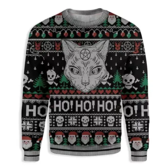 Wicca Black Cat Ho Ho Ho Ugly Christmas Sweater Lightweight Unisex Xmas Gift