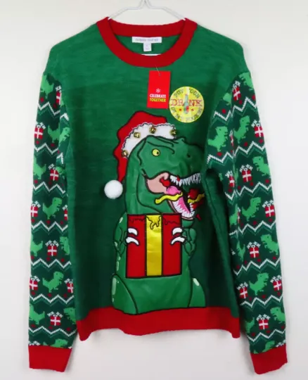 T Rex Ugly Christmas Sweater Mens S Put Your Drink in my Pocket Green Red New
