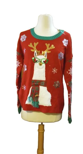 99 Jane Street Llama Ugly Christmas Sweater Red Sequin Embroidered Sz M New