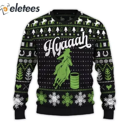 Hyaaah Horse Barrel Racing Ugly Christmas Sweater NIEW4B8Q