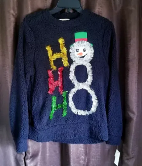 Women's Festive Not So Ugly Christmas Sweater, Sherpa Tinsel, Black, Size Small