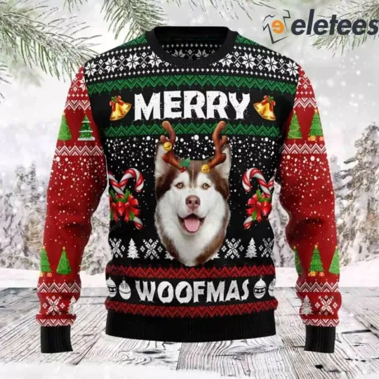 Merry Woofmas Husky Ugly Christmas Sweater V4XQOTSN