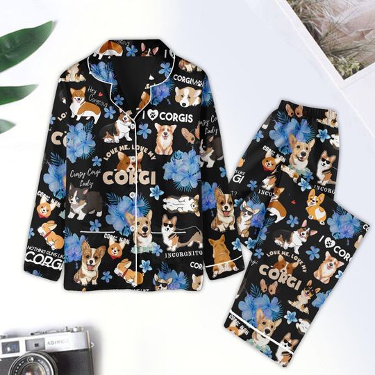 Christmas Corgi Dog Pajamas Set, Cute Corgi Dog Shirt, Pet Mom Shirt, Animal Long Sleeve Pajamas, Corgi Mom Gift, Gift For Dog Lovers