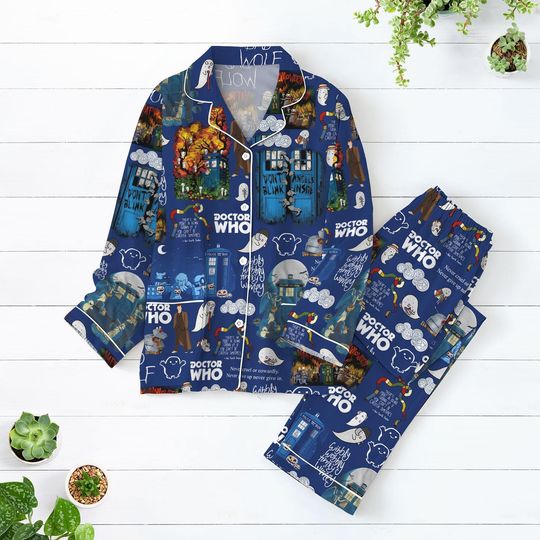 Halloween Doctor Who Pajamas Set, Dr Who Police Box Starry Night Shirt, Dr Who Holiday Pajamas, Tardis Movie Night Wear, Holiday Gift