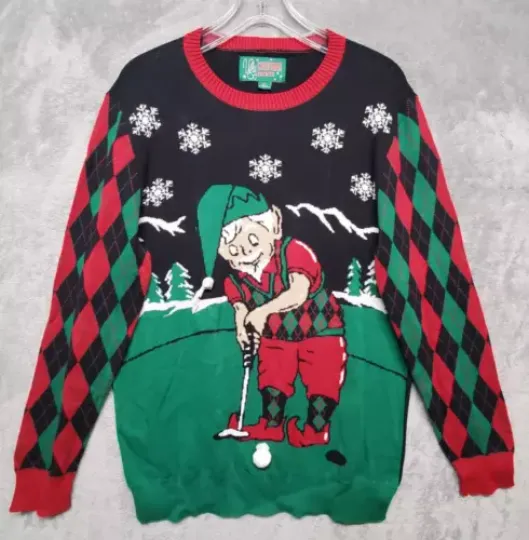 Ugly Christmas Sweater Men Large Black Green Red Golfing Elf Bell Argyle Snow F