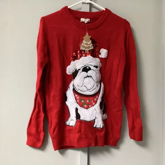 Merry Christmas Women Size Small Holiday Red Ugly Sweater Santa Hat Pug Dog New
