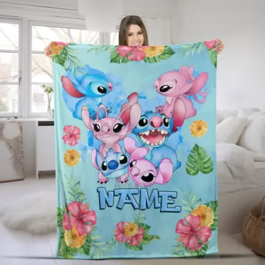 Personalized Disney Stitch Blanket, Stitch & Angel Baby Blanket, Stitch Birthday