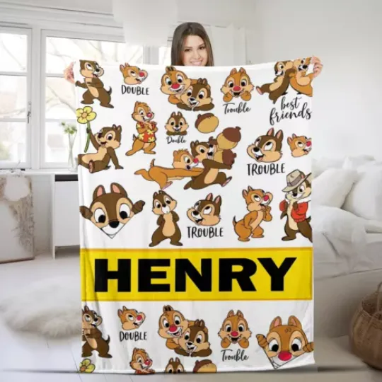 Chip And Dale Blanket, Custom Name Chipmunks Blanket, Disney Baby Name Blanket,