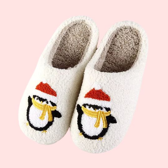 Cute Penguin Love Slippers | Women's Indoor Slippers - Comfy Slippers for Winter Season, Christmas Slippers, Penguin with Scarf and Hat