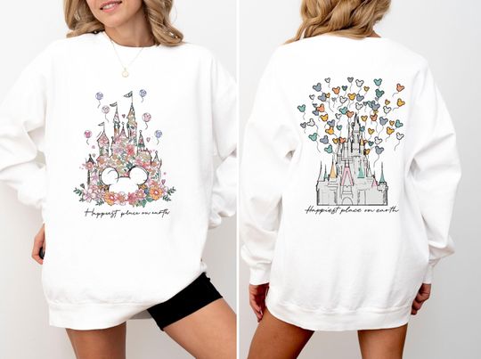 Comfort Colors Happiest Place On Earth Sweatshirt, Disney Castle Floral Sweatshirt, Magic Kingdom Sweatshirt, Vintage Disney Sweatshirt