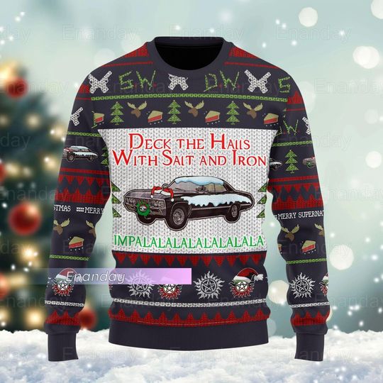 Supernatural Ugly Sweater, Deck The Halls With Salt And Iron Sweater, Supernatural Holiday Sweater, Supernatural Xmas Sweater