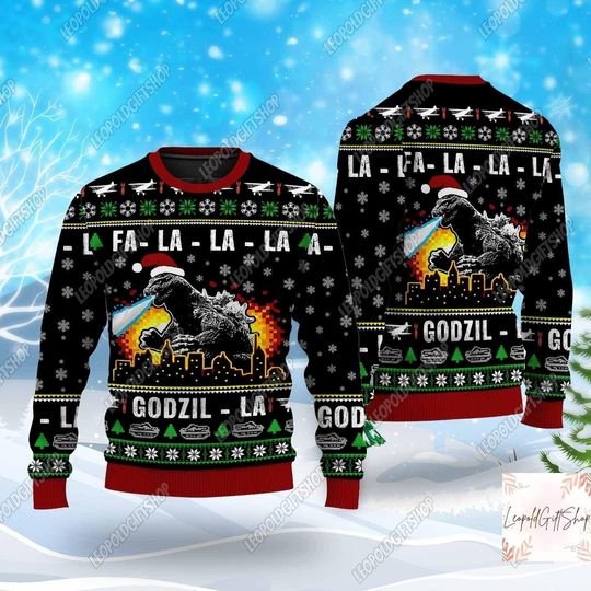 Christmas god zilla Ugly Christmas Sweater, Monsters Sweater Men, Funny Xmas Sweater, god zilla Fa La La La Ugly Christmas Sweater