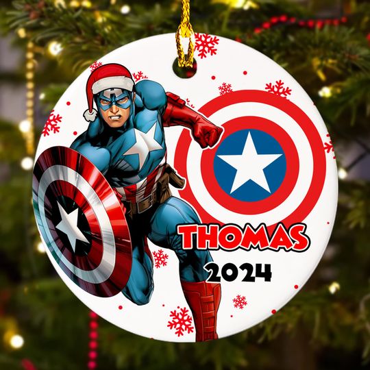Personalized Captain Hero Christmas Ornament, Superhero Customized 2024 Christmas Tree Decor, Captain Santa Hat Xmas Gift For Kid