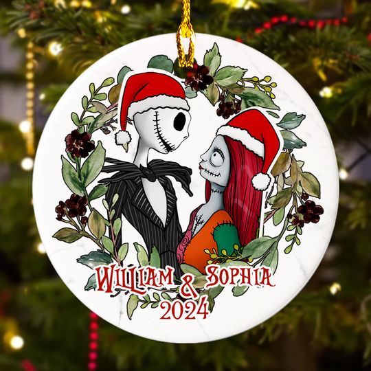 Personalized Nightmare Movie Christmas Ornament, Couple Santa Hat Customized 2024 Christmas Tree Decor, His And Her Xmas Gift For Lover