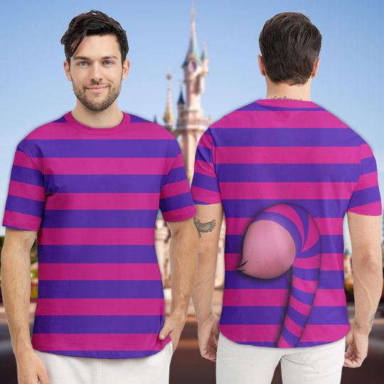 Cheshire Cat Purple Blue Stripe Cat Halloween 3D Shirt, Halloween Costume Family Group T Shirt, Mysterious Cat Character Cosplay Costume Tee