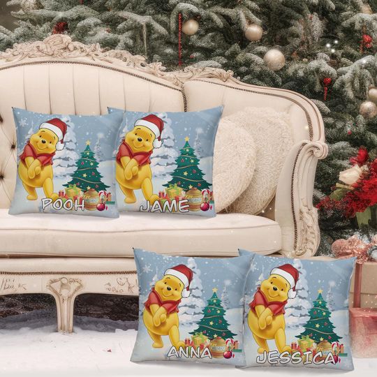 Pooh Bear Santa Hat Pillow Cover, Winnie The Pooh Xmas Pillow, Cute Pooh Bear Christmas Pillow, Winnie The Pooh Cartoon Christmas Gift