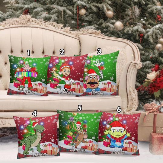 Happy Toy Story Characters Santa Hat Pillow Cover, Toy Story Movie Xmas Pillow, Cartoon Movie Christmas Pillow, Toy Story Christmas Gift