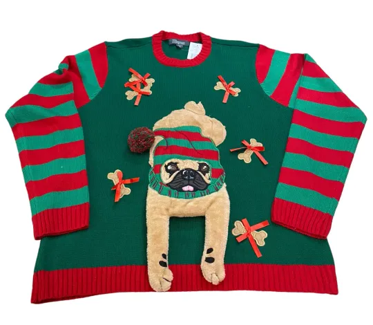 New 33 Degrees Ugly Christmas Sweater 3D Swing Legs Bow Bones Pug Dog Size L/XL