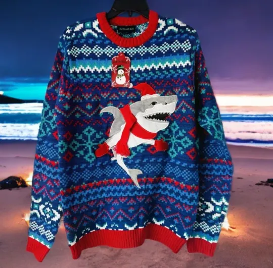 NEW Blizzard Bay Mens Med Ugly Christmas Sweater Large Shark Winter Funny Beach