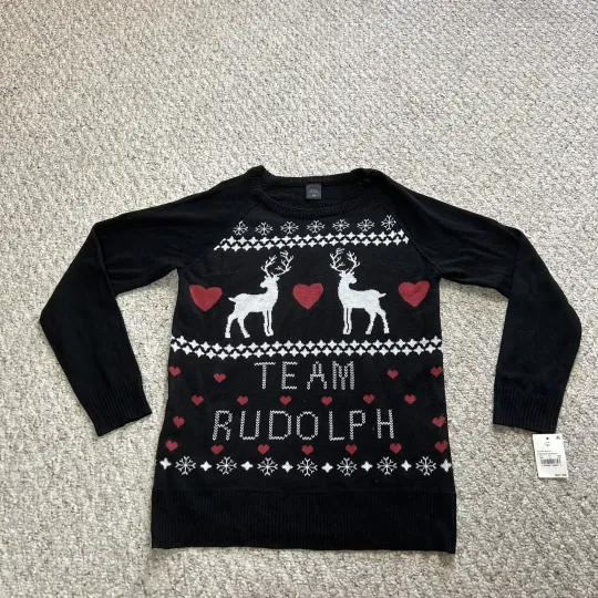 Team Rudolph NWT Ugly Christmas Sweater Womens XS Black Tight Knit Holiday