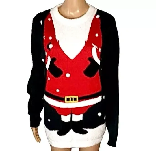 Poof Womens Sweater Size Large Naughty Santa Crew Neck Ugly Christmas Holiday