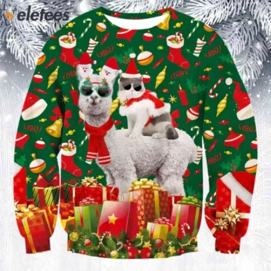 Cat Riding Alpaca With Glasses Ugly Christmas Sweater WKXNIG9R