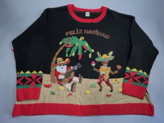 Feliz Navidad Ugly Christmas Sweater XXL 20 Plus Santa Chili Peppers & Maracas