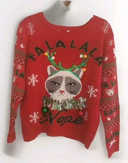 No Boundaries Ugly Christmas Sweater Sz 19 XXL Red Grumpy Cat FA LA LA NOPE