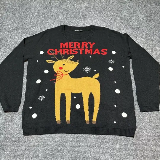 NEW Esmara Ugly Sweater Mens Large Black Knit Pullover Reindeer Merry Christmas