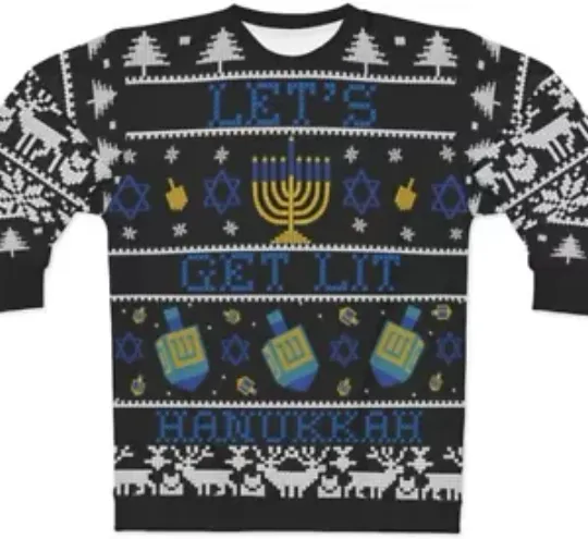 Let's Get Lit Hanukkah Ugly Christmas Sweater Funny  New Holiday Religious Shirt