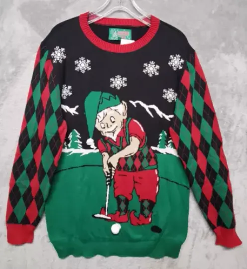 Ugly Christmas Sweater Men Large Black Green Red Golfing Elf Bell Argyle Snow D