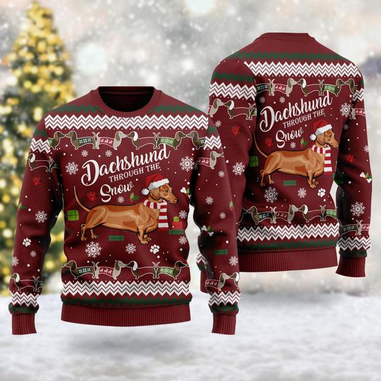 Through The Snow 3D All Over T-shirt, Dog Santa Dachshund Ugly Christmas Sweater, Xmas Sweatshirt, Christmas Gift For Men Women Kid