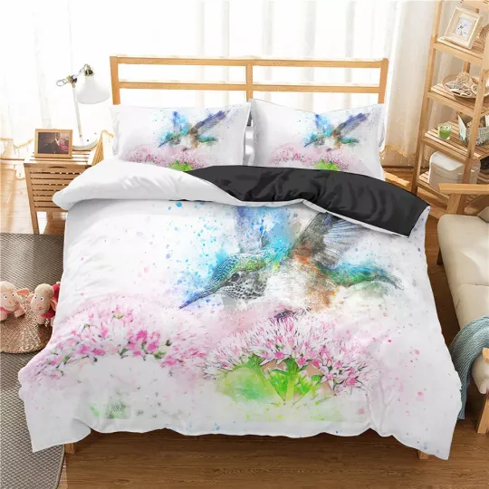 Colorful Flower Hummingbird Duvet Quilt Cover Twin Queen Bedding Set Pillowcase