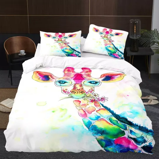 Watercolor Painting Giraffe Duvet Quilt Cover Twin Queen Bedding Set Pillowcase