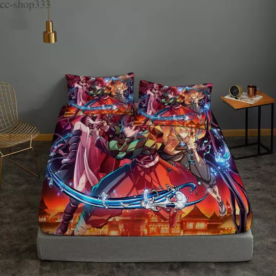 demon 3pcs Soft Bedding Set Fitted Sheet Pillowcases Deep Pocket Gift