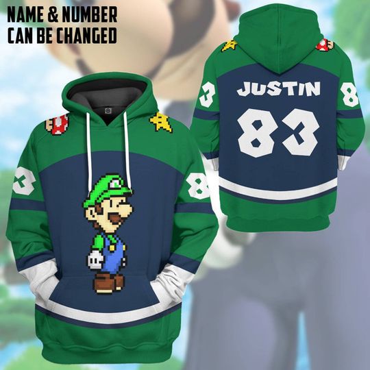 Luigi Sports Custom Name Full Over Print 3D Hoodie | Super Mario Luigi Cosplay Shirt | Mario Bros Video Game