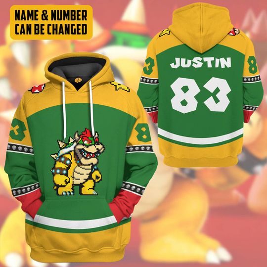 Bowser Sports Custom Name 3D Full Over Print Hoodie | Super Mario Princess Peach Shirt | Mario Bowser Video Game Hoodie
