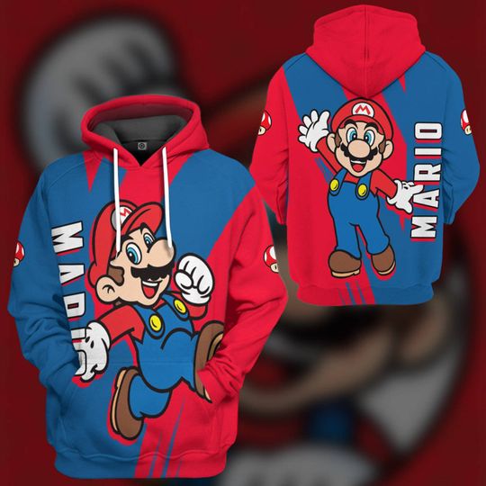 Happy Mario Custom Name Full Over Print 3D Hoodie | Super Mario Luigi Cosplay Shirt | Mario Bros Video Game Hoodie